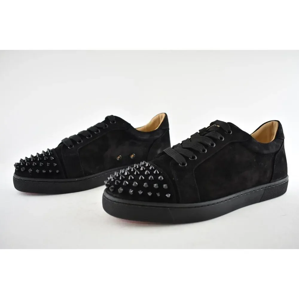 Christian Louboutin Vieira Spikes Flat Black Suede Lace Up Low Top Sneaker 40.5